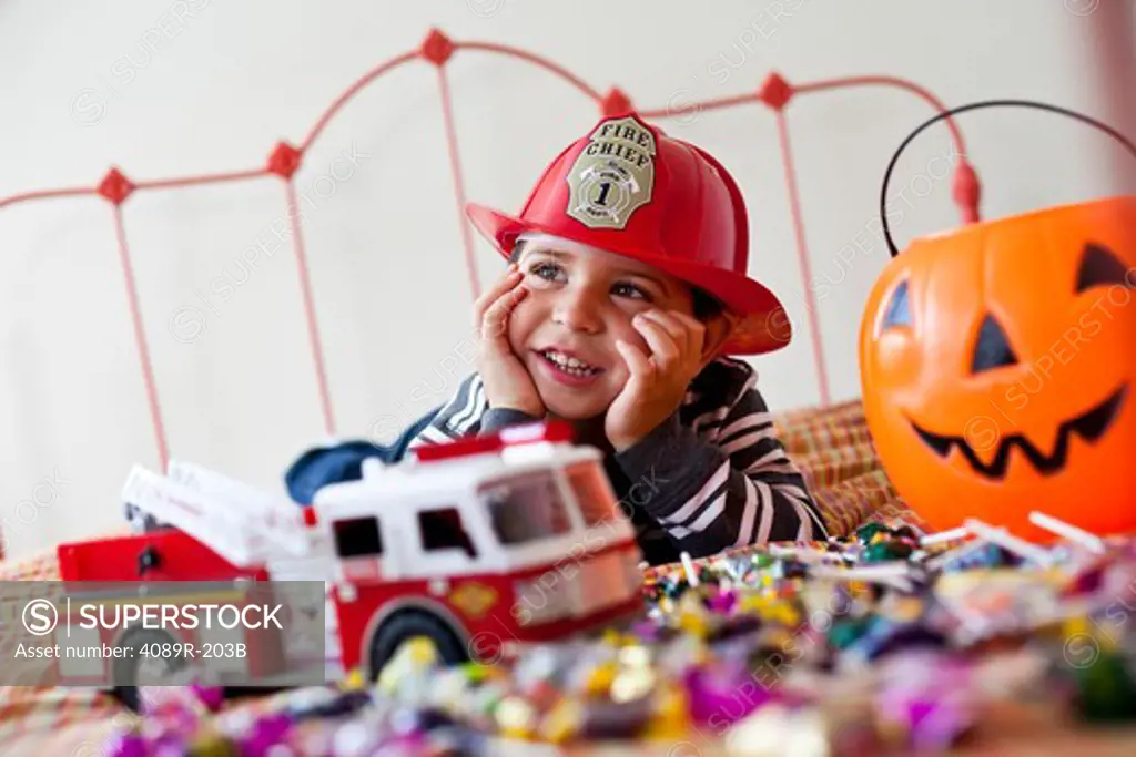 Boy playing Trick Or Treat
