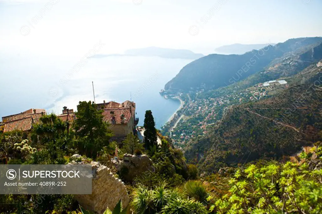 High angle view of a coastal town and French Riviera viewed from medieval village of Eze, France
