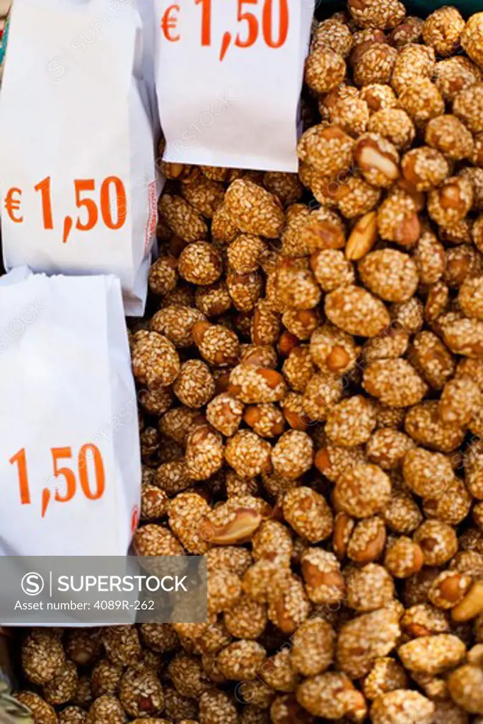 Sesame seed coated peanuts for sale at market, Plaka, Athens, Greece