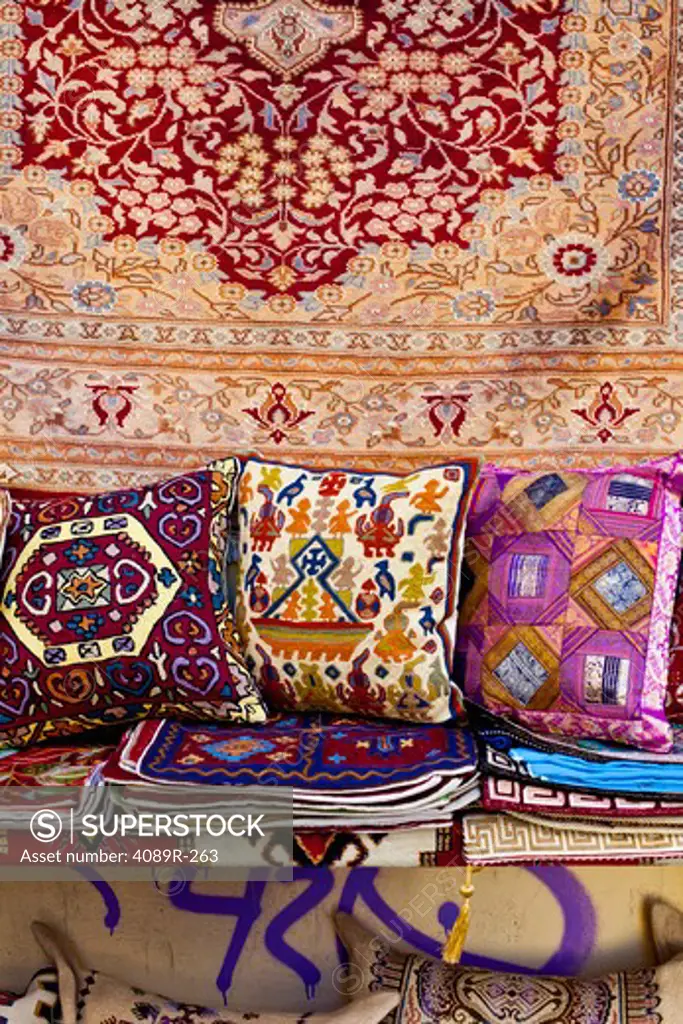 Turkish carpets and pillows for sale in a store, Plaka, Athens, Greece