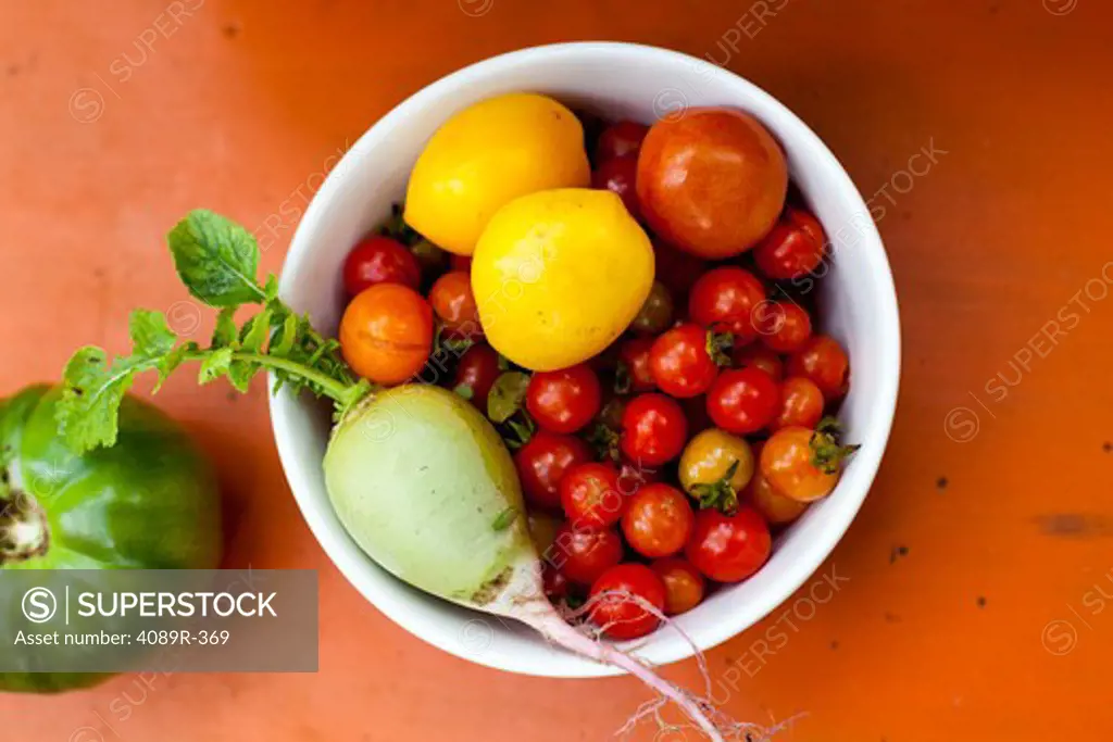 Bowl of fresh picked fruit and vegetables, studio shot