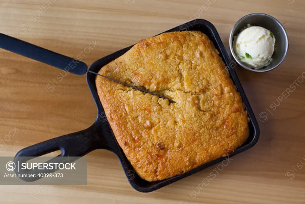 Close-up of a corn bread in a skillet