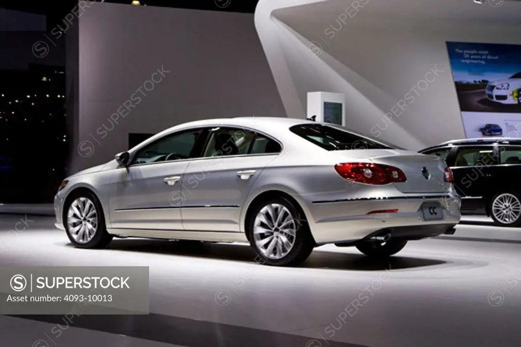Rear 3/4 view of a 2009 Volkswagen CC shown at the 2008 Los Angeles International Auto Show. The CC is a 4-door coupé version of the Volkswagen Passat