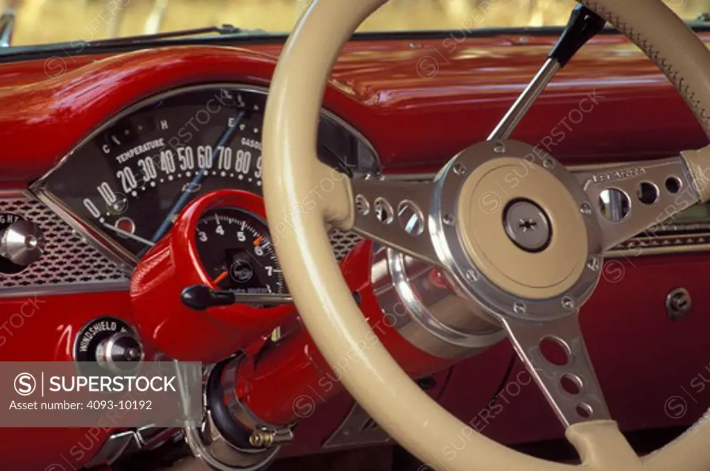 interior detail Bel Air 1955 1950s steering wheel gauges tachometer speedometer red Shoebox