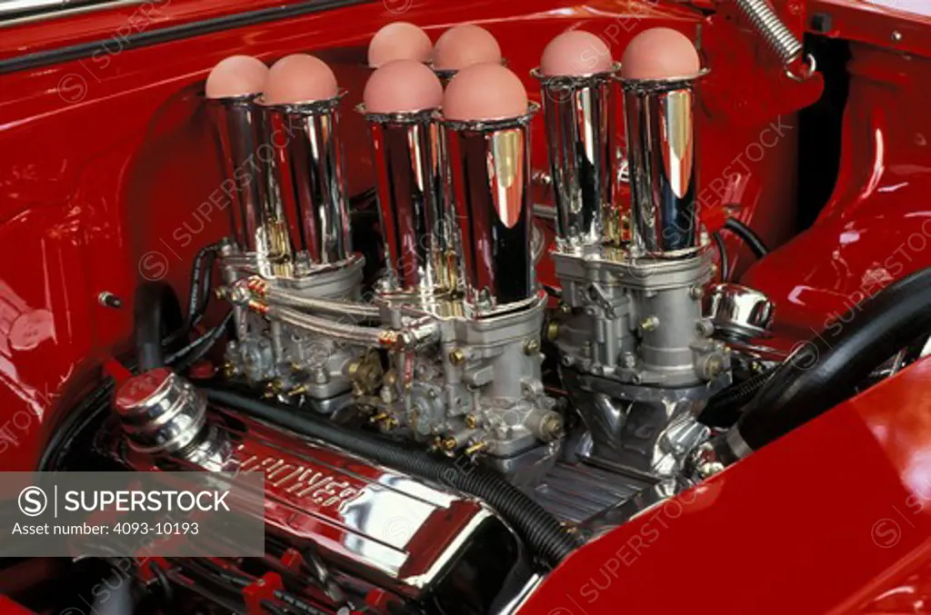 detail Bel Air 1955 1950s carburetors Weber velocity stacks engine custom hot rod Shoebox car parts modified