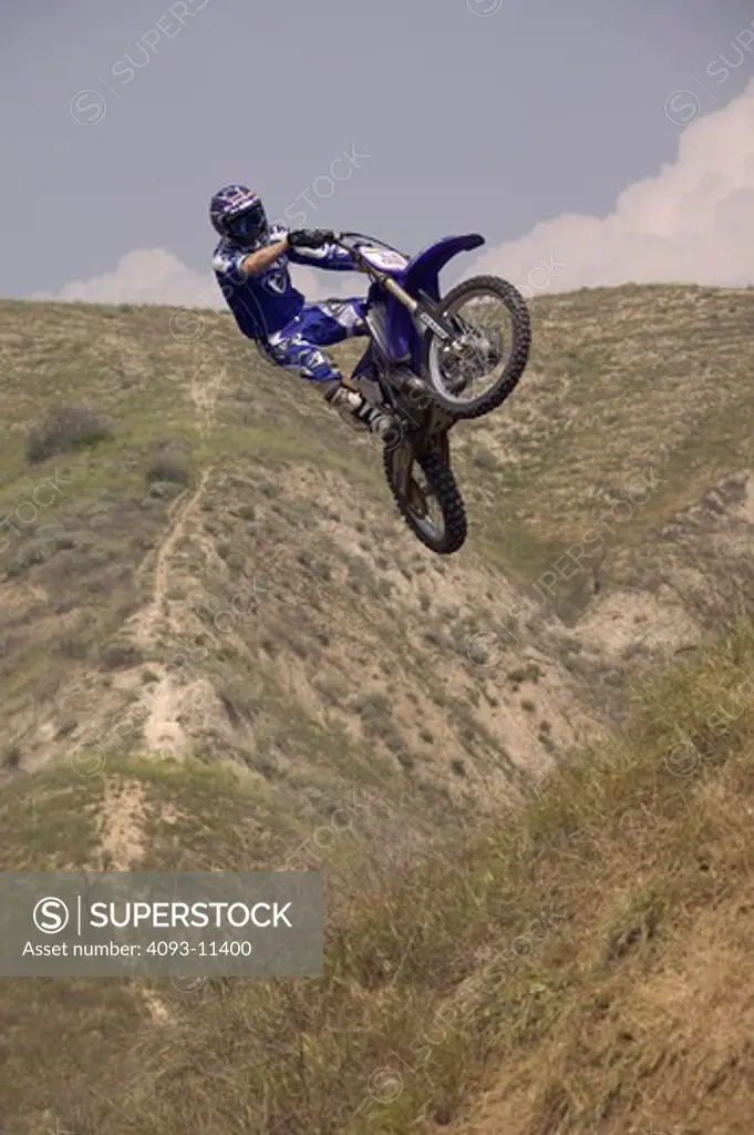 low angle Yamaha Dirt Bikes Bike YZ250 blue Trevor Vines jump freestyle motocross