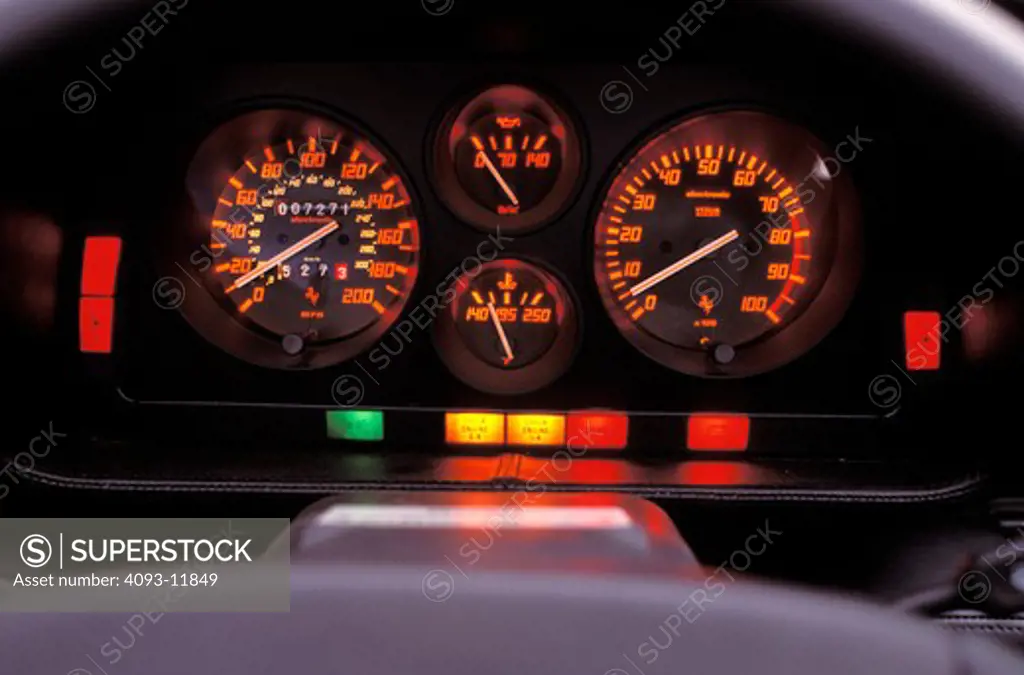 interior Ferrari 1993 348 Spider detail gauges speedometer odometer tachometer fuel gauge check engine light temperature 1990s