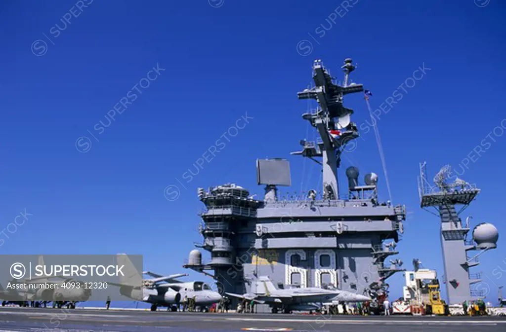 Military Lockheed Martin Jets Fixed Wing Boeing Aviat Airplanes FA-18 Hornet ES-3 Shadow USS Nimitz aircraft carrier grey control tower radar tower folded wings