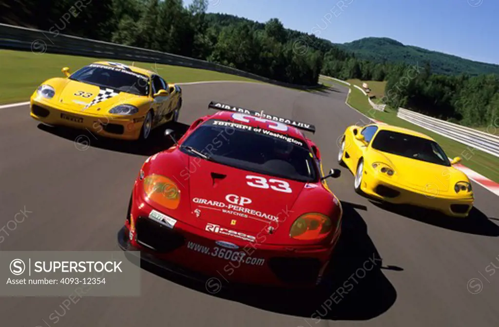 high angle Ferrari 360 Challenge GT Modena 2002 yellow red graphics Mont-Tremblant grass