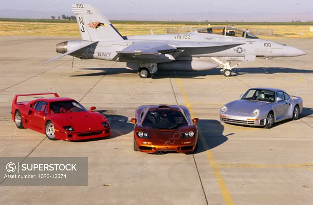 high angle Military Jets Fixed Wing Boeing Aviat Airplanes Porsche Ferrari McLaren 1997 orange 959 1987 silver F40 1991 red 1990s 1980s FA-18 hornet grey