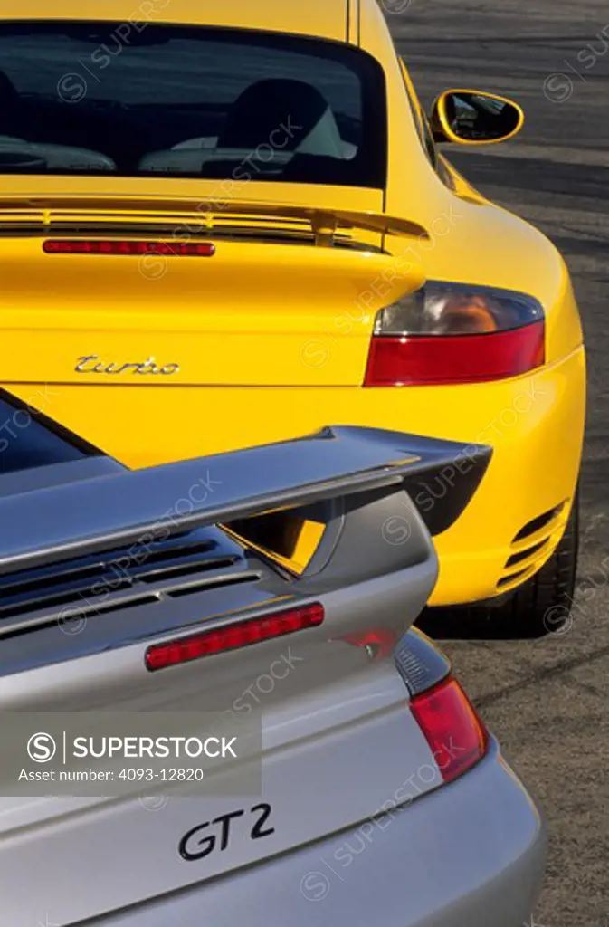 Porsche 911 Turbo GT2 2004 silver yellow spoiler wing