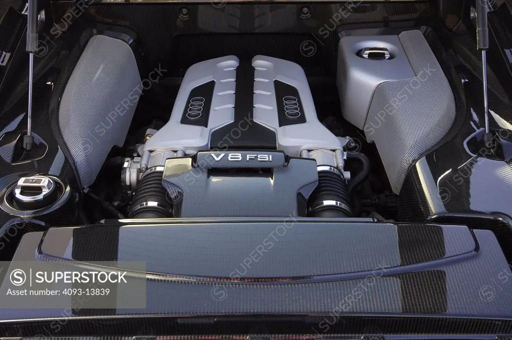 Audi R8, 2008 top view of engine carbon fiber walls or chassis hydrolic arms to keep hood up