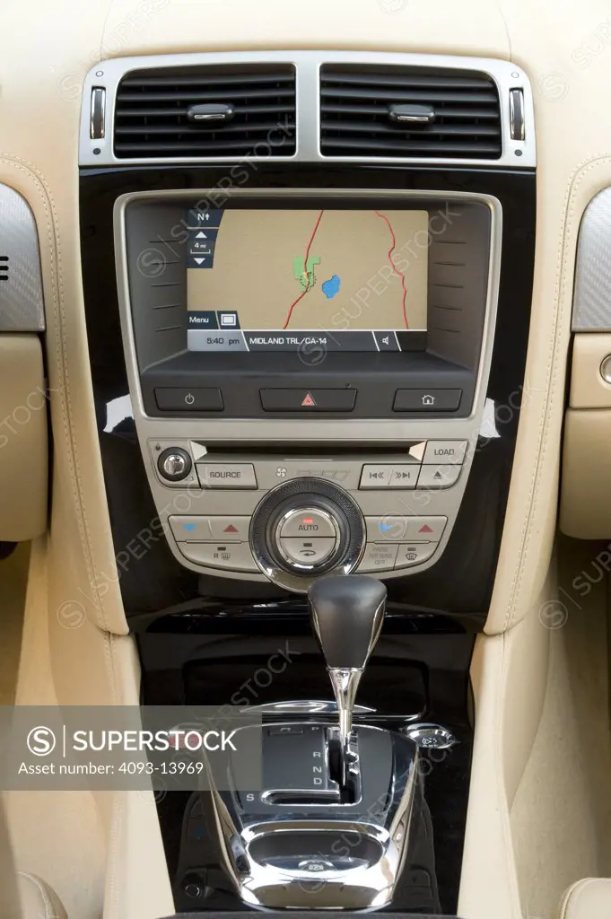 2008 Jaguar XKR interior, close-up of gear stick and dashboard