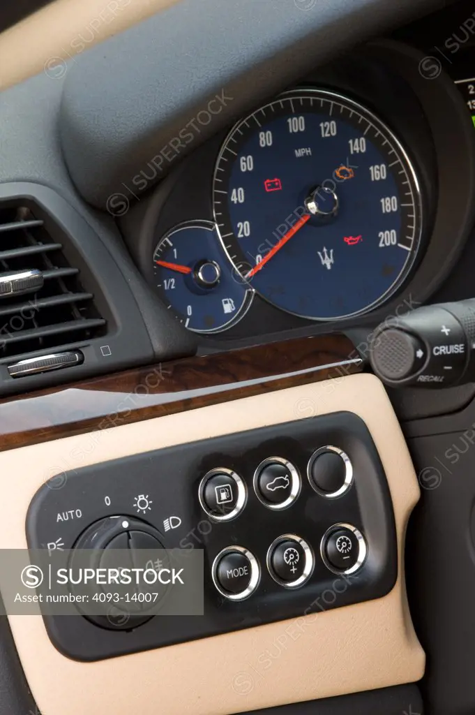 2008 Maserati GranTurismo interior, close-up of speedometer and dashboard detail