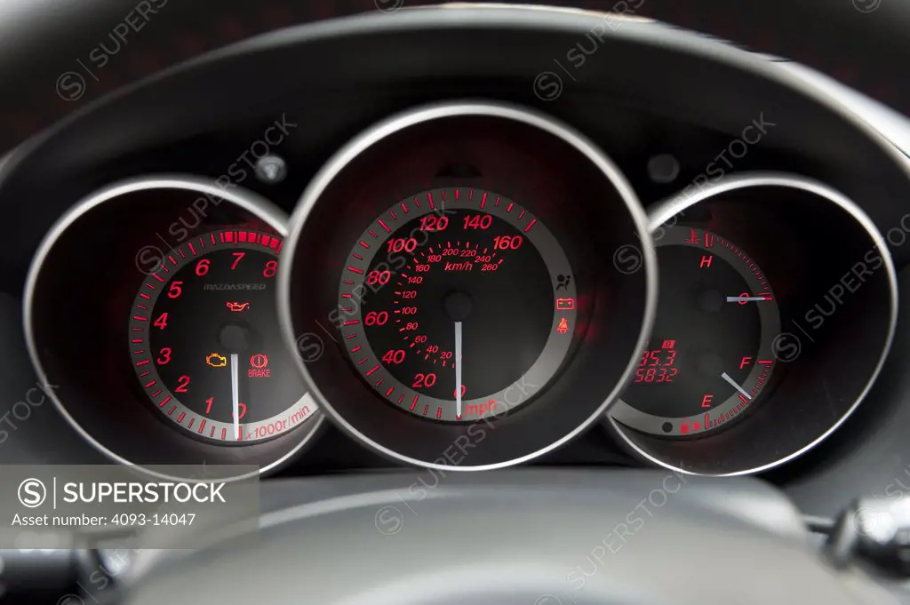 Mazdaspeed 3 5 door instrument cluster, front view close-up
