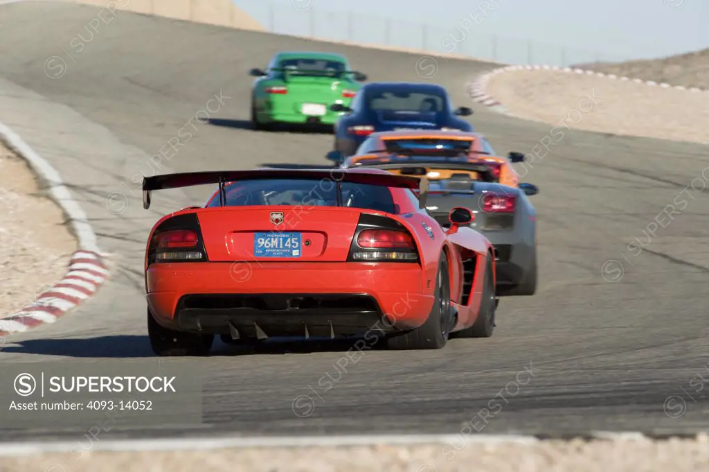 Porsche 911 Carrera S, GT3 RS, Lamborghini Gallardo Spyder, Superleggera, Dodge Viper SRT10 and SRT10 ACR on race track, rear view