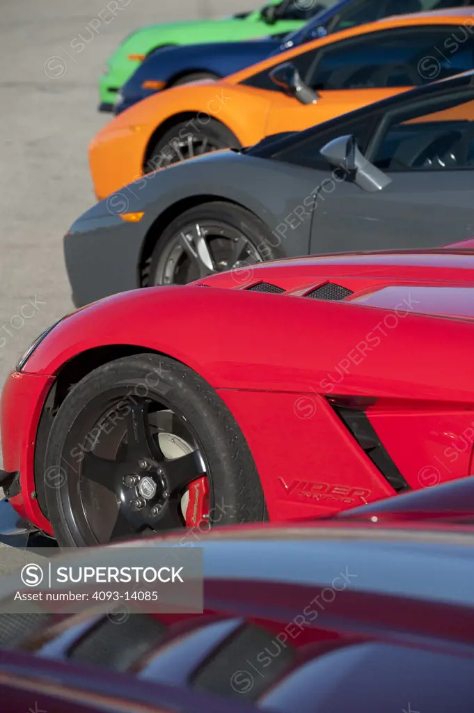 Porsche 911 Carrera S, GT3 RS, Lamborghini Gallardo Spyder, Superleggera, Dodge Viper SRT10 and SRT10 ACR parked, side view