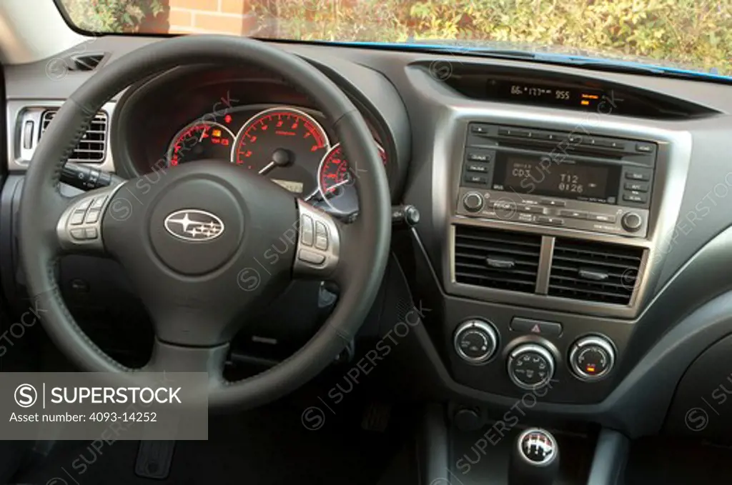 Subaru Impreza WRX interior view of steering wheel and dashboard