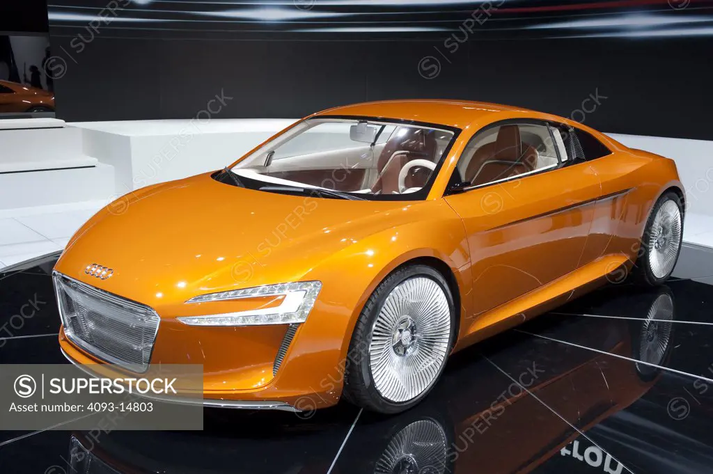 Front 3/4 view of the Audi e-tron electric concept show car. Seen at the Los Angeles International Auto Show