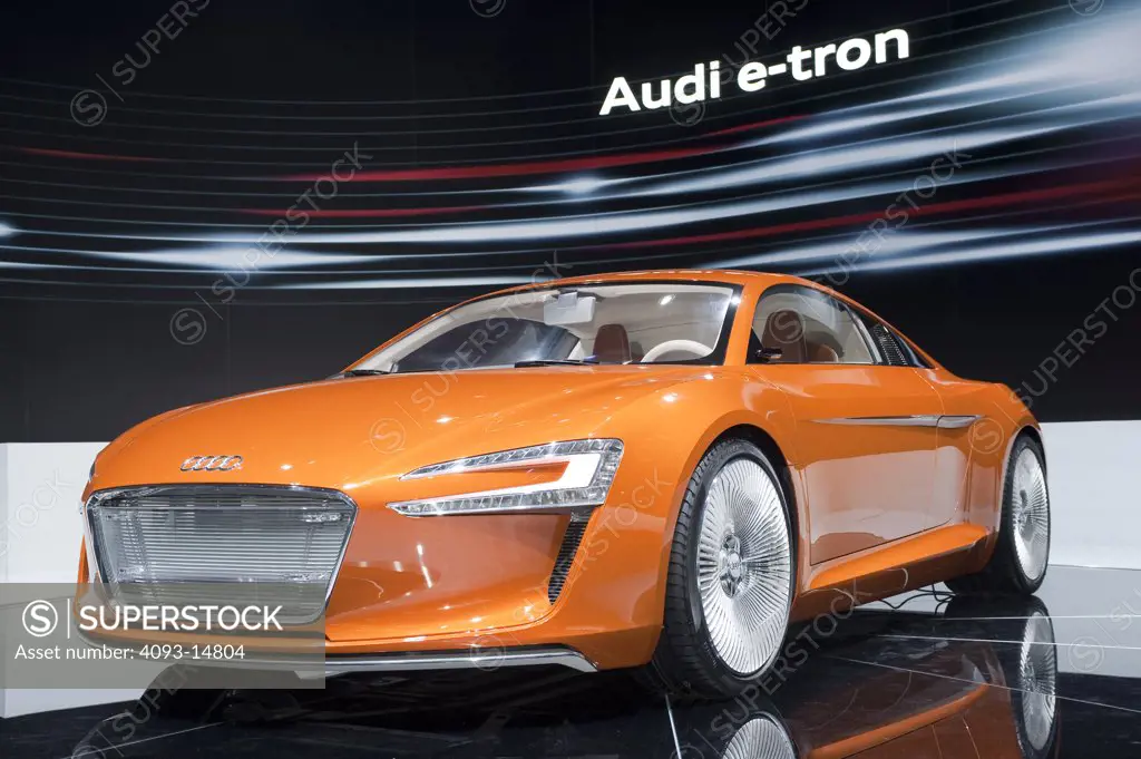 Front 3/4 view of the Audi e-tron electric concept show car. Seen at the Los Angeles International Auto Show