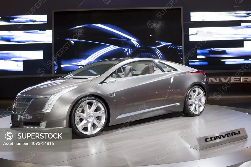 Front 3/4 view of the Cadillac Converj concept show car. Los Angeles International Auto Show