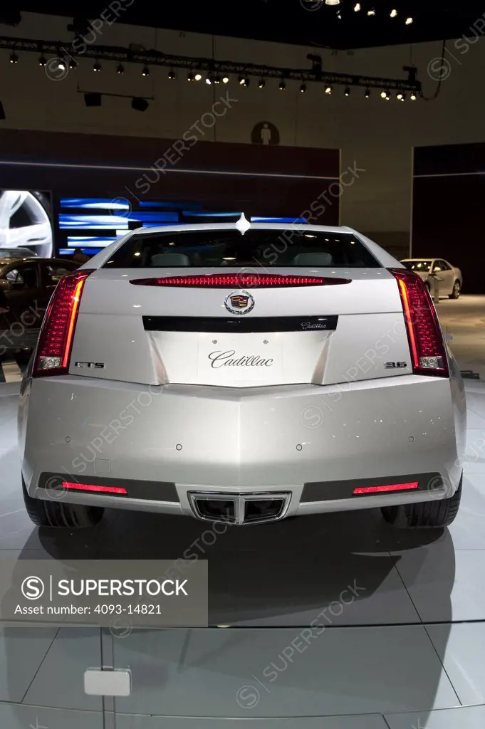 Straight on rear view of the 2011 Cadillac CTS Coupe. Seen at the Los Angeles International Auto Show