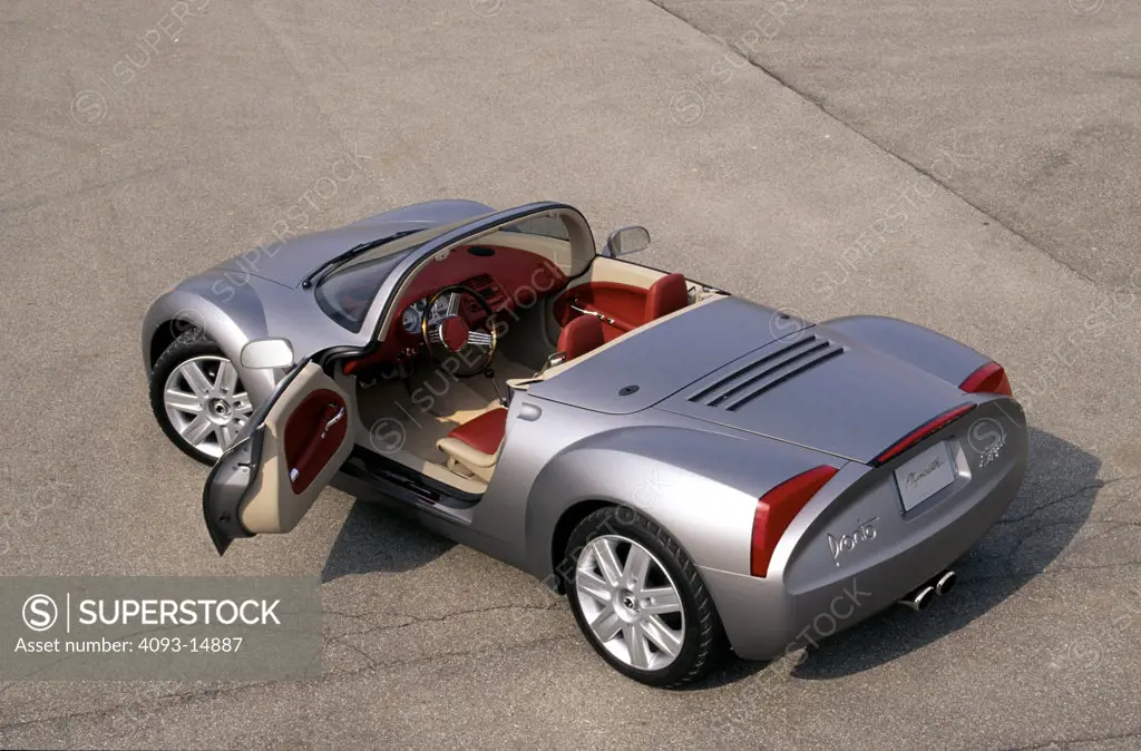 interior Plymouth Pronto Spyder concept prototype show car overhead rear 3/4 silver beauty asphalt pavement cement open street