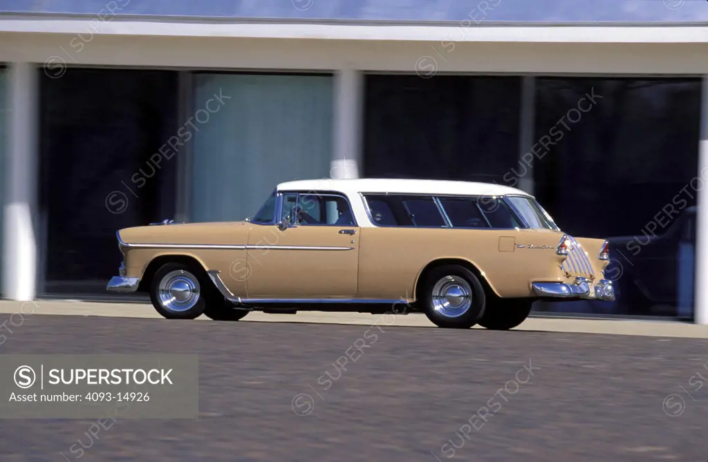 Chevy Nomad 1955 1950s vintage tan profile rear 3/4 building plaza driveway Shoebox street city
