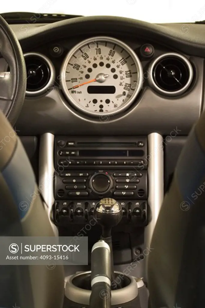 interior detail Mini Cooper S speedometer gear shift emergency brake seats air vents