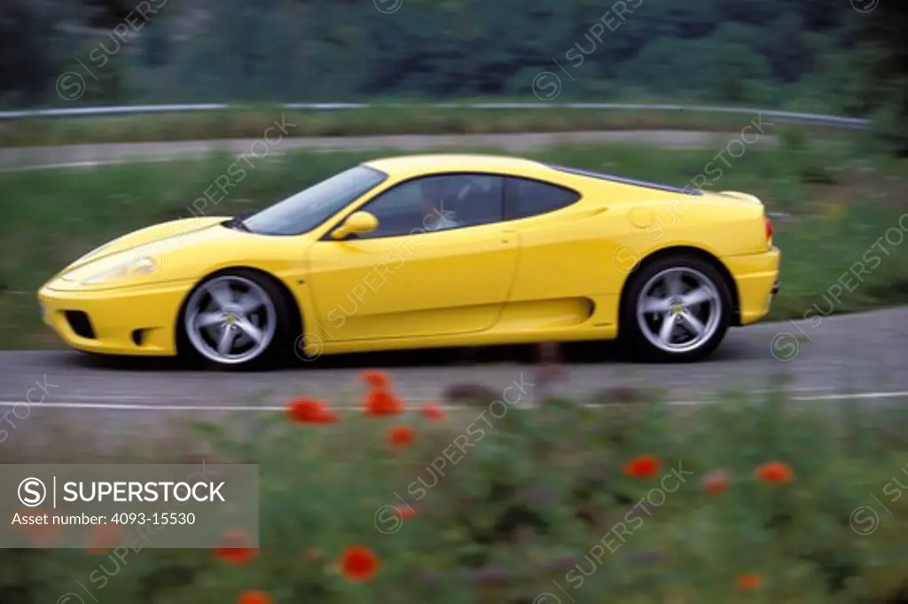 Ferrari 1999 360 Modena yellow profile asphalt wildflowers brush 1990s street