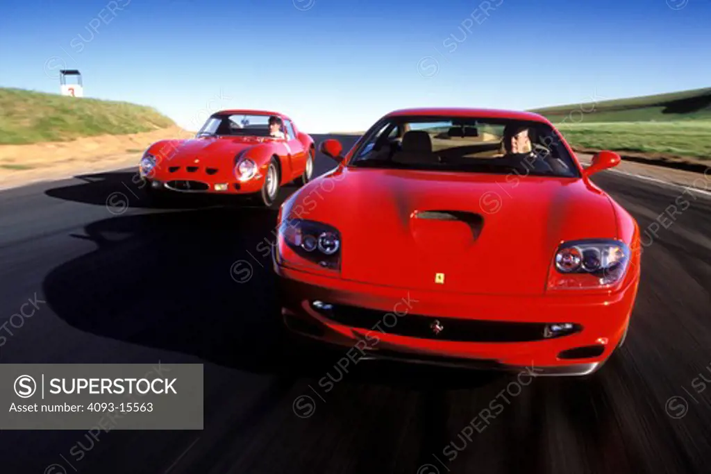 Ferrari 1998 550 Maranello 1963 1960s 250 GTO vintage red front nose front 3/4 asphalt cars head on 1990s street