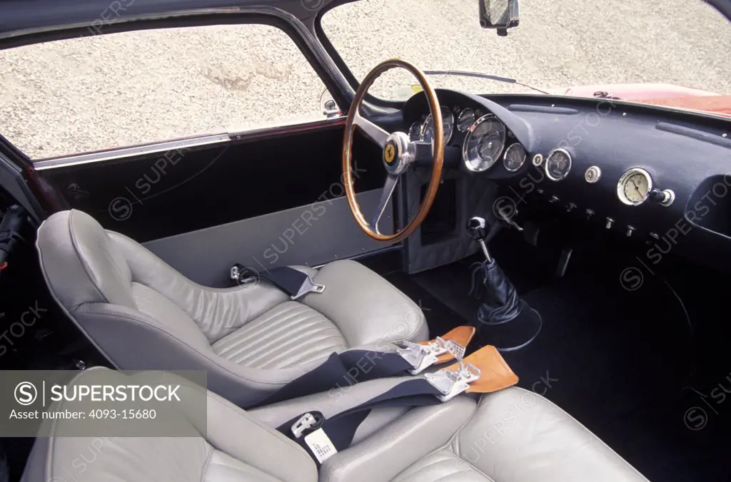 interior detail Ferrari 166 S 1950 white leather front seat seat belt gear shift steering wheel dashboard IP instrument panel gauges
