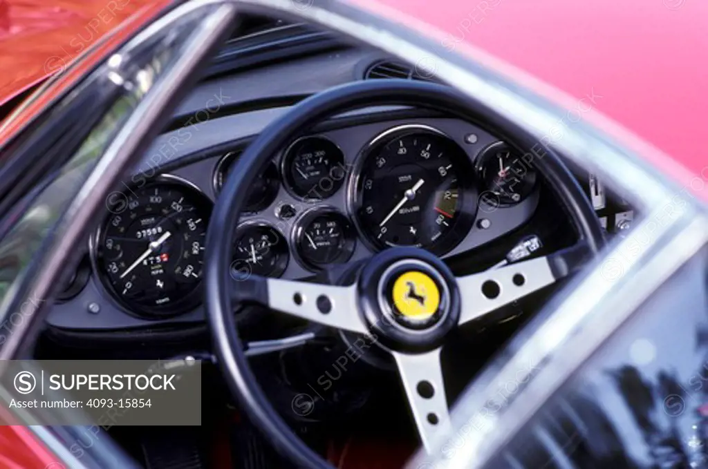 detail Ferrari 365 GTB/4 Daytona 1971 1970s red window steering wheel gauges tachometer speedometer