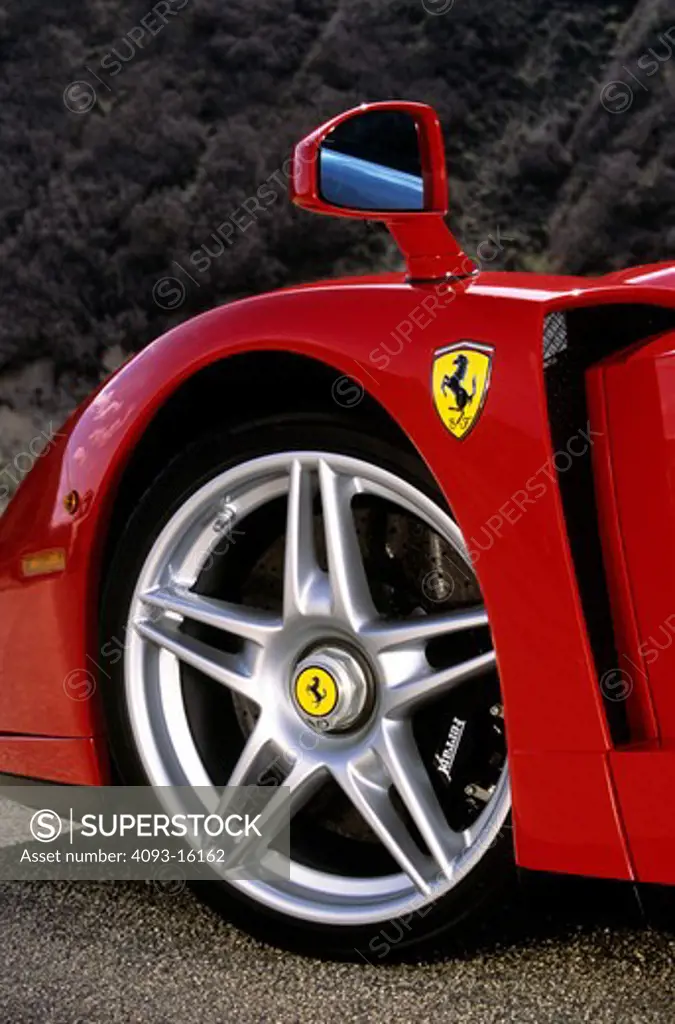 detail Ferrari Enzo 2004 red wheel brake caliper fender vent rearview mirror