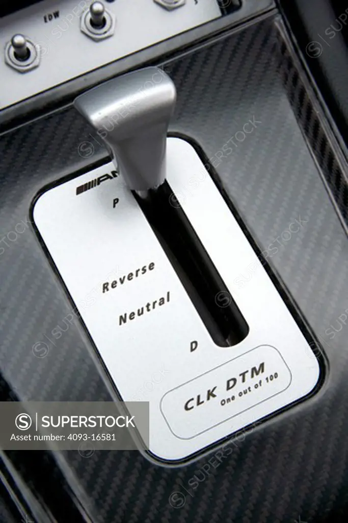 Interior detail view of a 2007 Mercedes-Benz AMG CLK DTM. Showing carbon fiber and the unusual shifter. A special version of the CLK is the CLK DTM AMG sports car using AMG's supercharged 5.4 L V8.