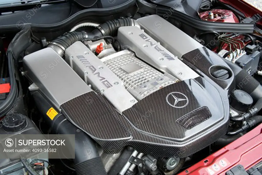 The engine view of a 2007 Mercedes-Benz AMG CLK DTM. A special version of the CLK is the CLK DTM AMG sports car using AMG's supercharged 5.4 L V8.