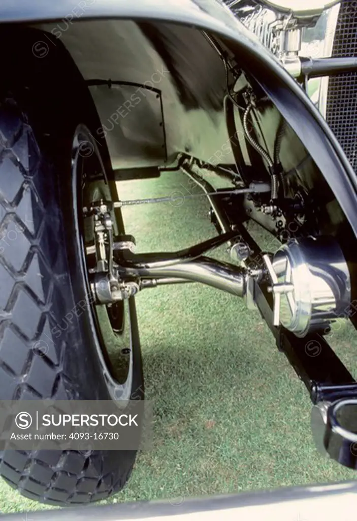 Bugatti Royale Type 41 detail wheel suspension. The Bugatti Type 41, better known as the Royale, is one of the most extreme luxury cars ever built. It was enormous, with a 4300 mm (169.3 in) wheelbase and 6.4 m (21 ft) overall length. It weighed approximately 3175 kg (7000 lb) and used a massive 12.7 L (12763 cc/778 in¬) straight-8. All six production Royales still exist (the prototype was sadly destroyed in an accident in 1931), and each wears a different body, some having been rebodied severa