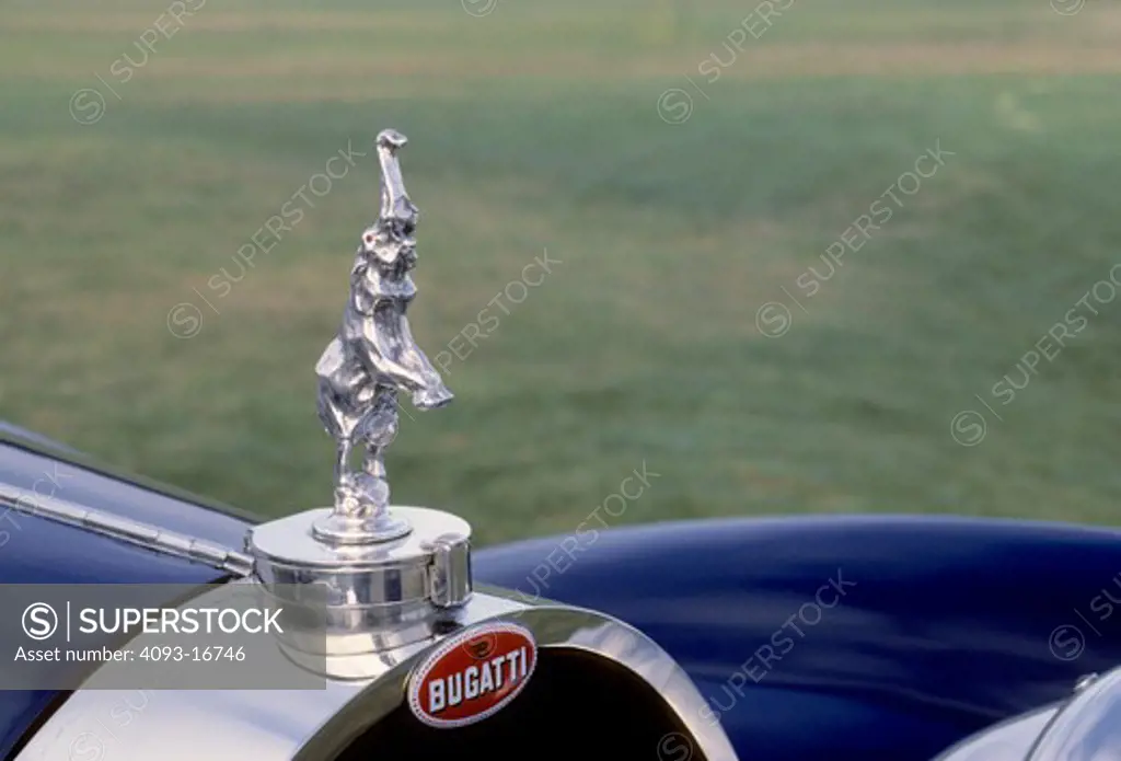 Bugatti Royale Type 41 beauty detail elephant hood ornament. The Bugatti Type 41, better known as the Royale, is one of the most extreme luxury cars ever built. It was enormous, with a 4300 mm (169.3 in) wheelbase and 6.4 m (21 ft) overall length. It weighed approximately 3175 kg (7000 lb) and used a massive 12.7 L (12763 cc/778 in¬) straight-8. All six production Royales still exist (the prototype was sadly destroyed in an accident in 1931), and each wears a different body, some having been re