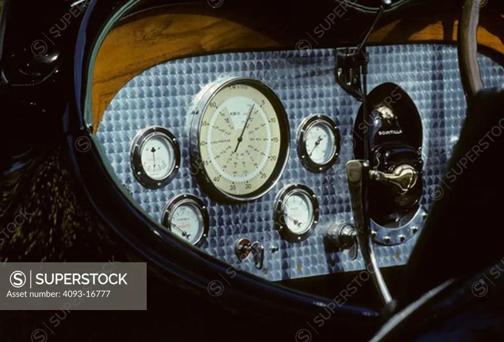 1932 Bugatti Type 54 interior detail gauges. The Bugatti Type 54 was a Grand Prix car of 1932. The engine put out 300 hp (223 kW) and only 4 or 5 were built. inside meters