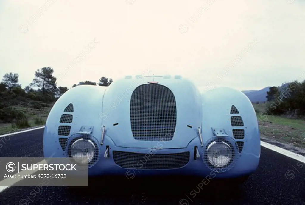 Bugatti Type 57 tank beauty nose front detail. In 1936 the famous Type 57 G (a lightened S chassis) with streamlined Tank bodywork won the French Grand Prix. A year later a similar car won the Le Mans 24-hour race.
