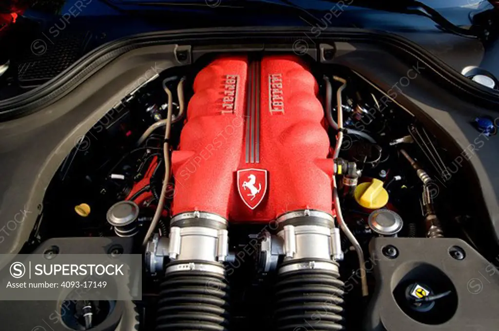 2009 Red Ferrari California engine, close-up
