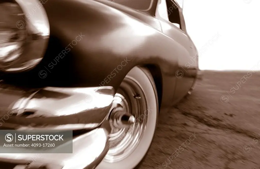 hot rod black 1950s chrome bumper headlight wheel whitewall tire