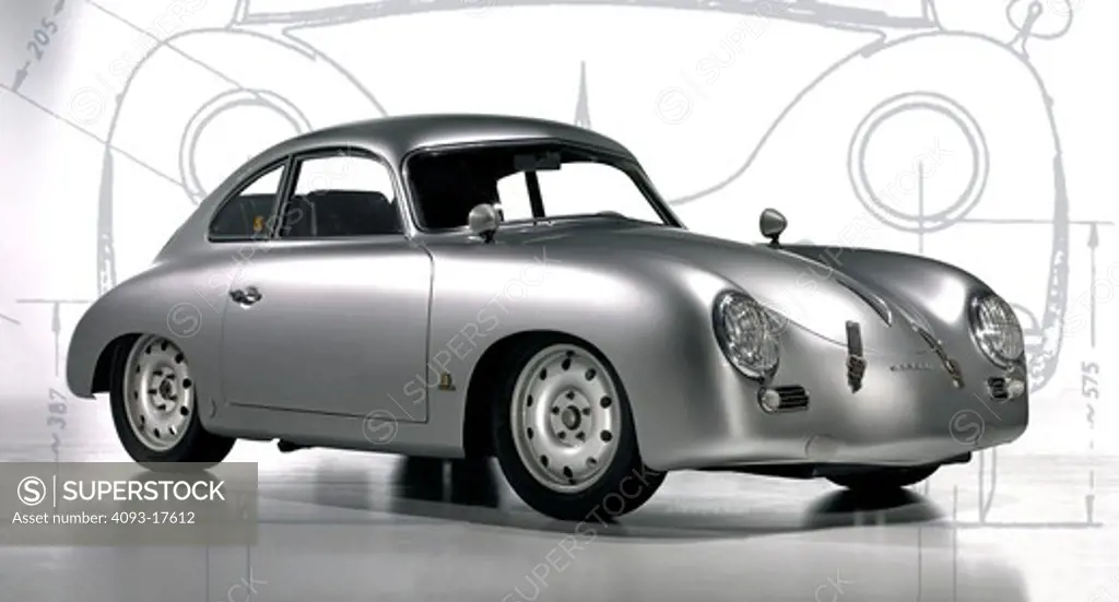 Front 3/4 view of a silver 1954 Porsche 356 pre-a photographed in the studio. The Porsche 356 was a sports car produced from 1948 through 1965. It was Porsche's first production automobile. The 356 name denotes that it was Porsche's 356th project. The 356 was the first production sports car bearing the Porsche name.12 However, before the war designer Ferdinand Porsche also created the Type 64 as well as a mid-engine prototype called Number 1, which has led to some debate as to the first Pors