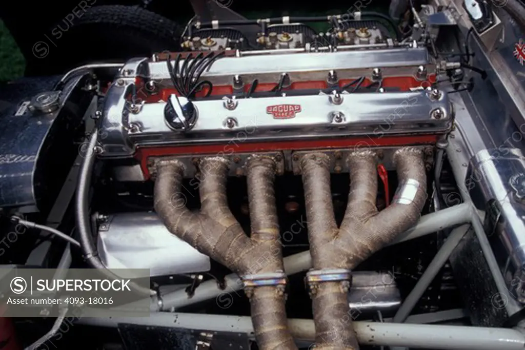 detail Jaguar C Type 1950s engine header exhaust wrap chrome polished compartment valve cover