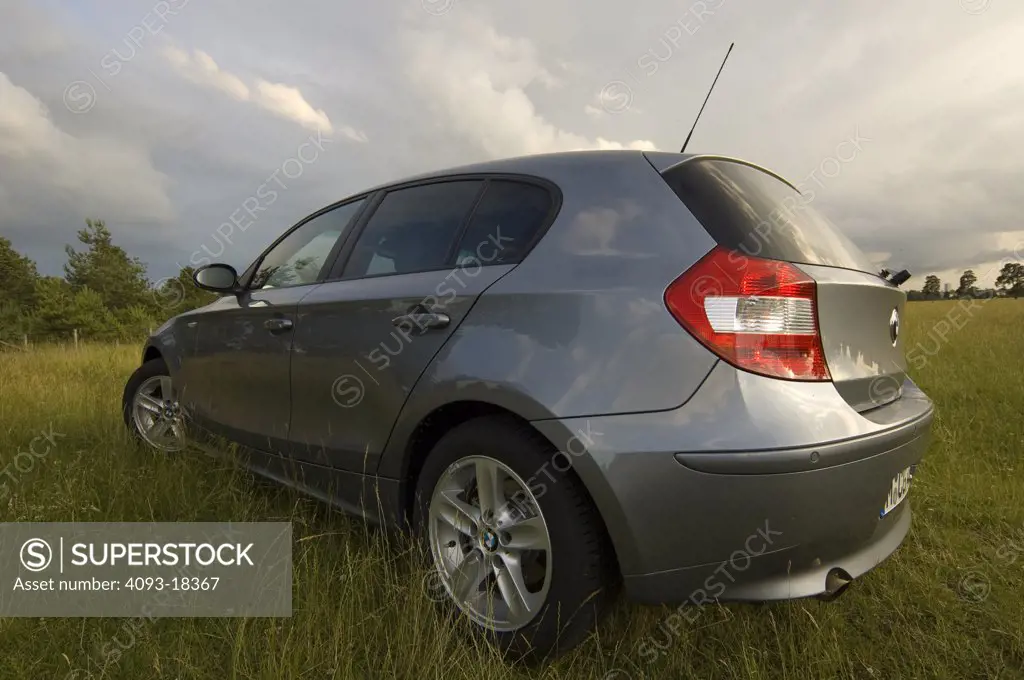 2005 BMW 116i ( 1-series ). on grass overgrown plants in an open field stormy cloudy skies