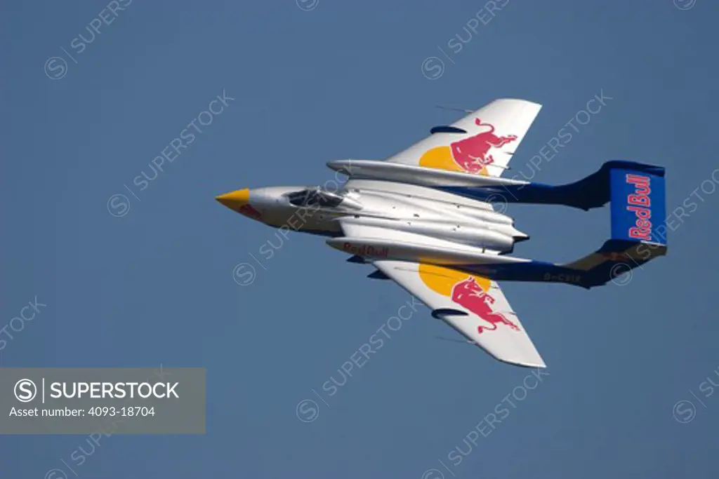 Red Bull Airshow over Salzberg, Austria showing a de Havilland DH-110 Sea Vixen jet. The de Havilland DH.110 Sea Vixen was a 1950-60s two-seat jet fighter of the Fleet Air Arm (the air wing of the Royal Navy). In flight flying