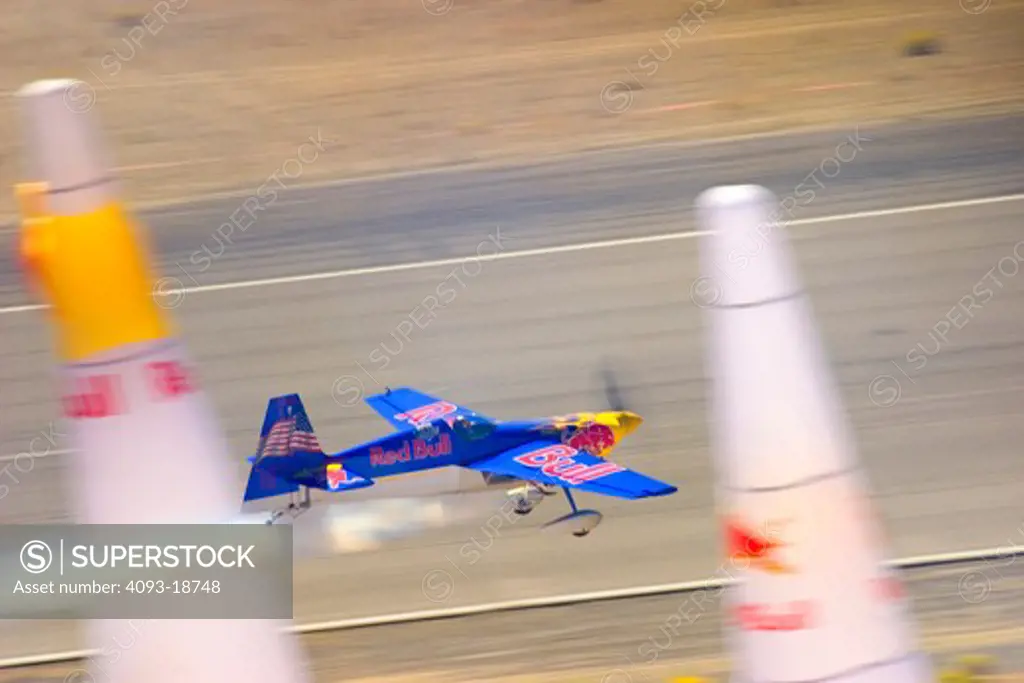 Racing at the Red Bull event of the Reno Air Races at Reno Stead Airport, Reno, Nevada. This view shows the Air Gates of the event that the planes must fly between.  The Red Bull Air Race World Series, established in 2003 and created by Red Bull, is an international series of air races with the participation of the world's most skilled pilots, in which competitors have to navigate a challenging obstacle course in the sky, in the fastest possible time. Pilots fly individually against the clock an