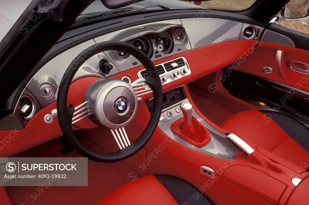 interior detail BMW Z8 Roadster red steering wheel emergency brake gear shift street