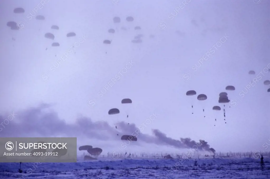 Military Aviat paratroopers parachutes sky