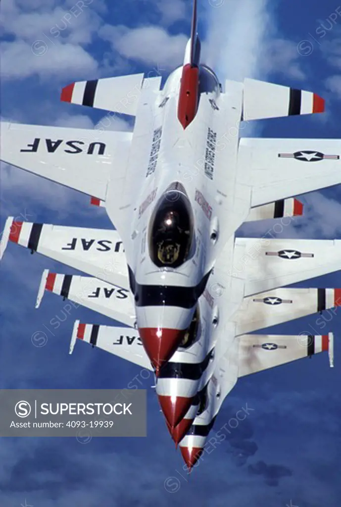 overhead Military Lockheed Martin Jets Fixed Wing Aviat Airplanes Thunderbirds USAF U.S. Air Force F-16 Fighting Falcon fighter performance flying team air show aerobatic flight demonstration squadron sky formation nose